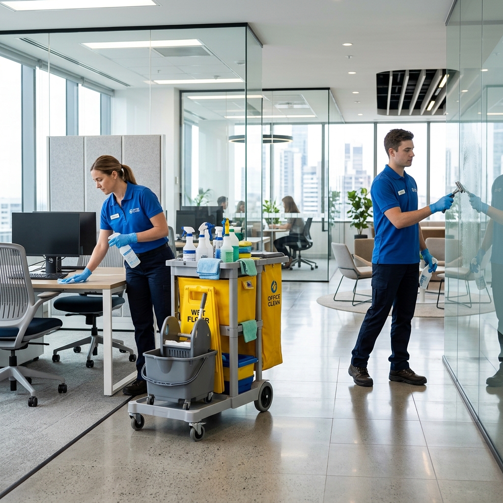 Expert cleaners sanitizing a modern corporate office in Edmonton