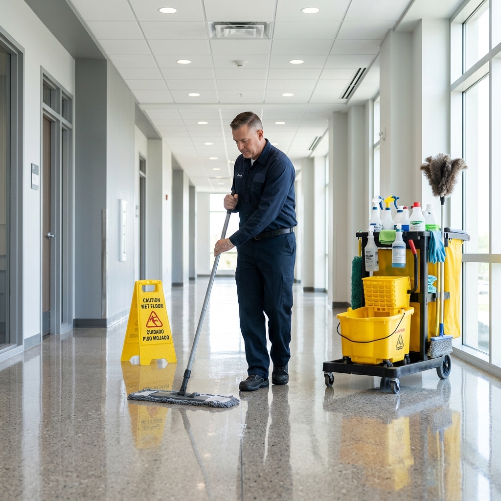 Janitorial Expert mopping a clean commercial corridor